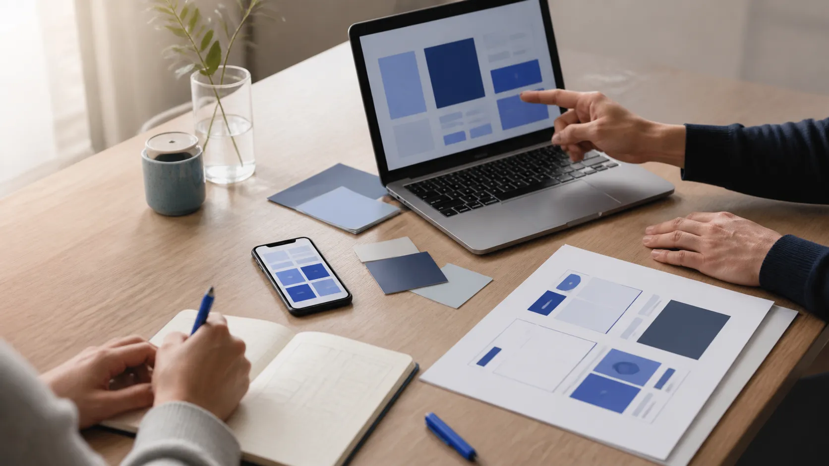 Hands collaborating over website layouts on a laptop, phone, notebook, and printed wireframes