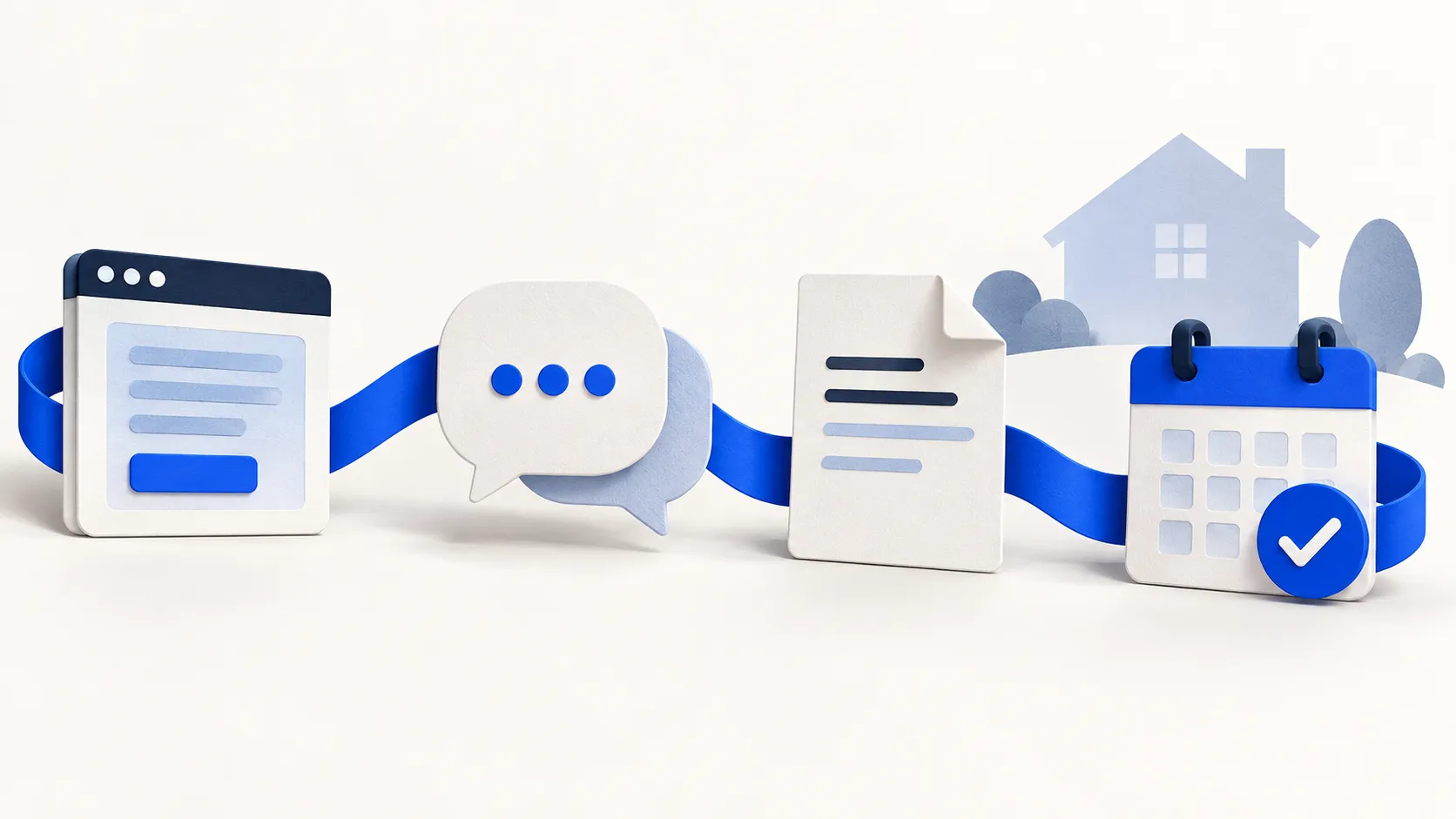 A blue ribbon connects a website inquiry, conversation, estimate document, and calendar with a check mark.