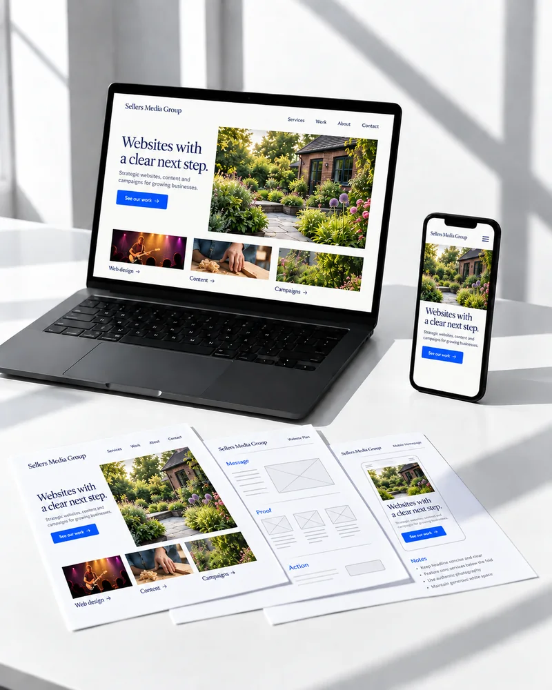 A finished Sellers Media Group website displayed across laptop, phone, and printed planning proofs in a crisp white setting.