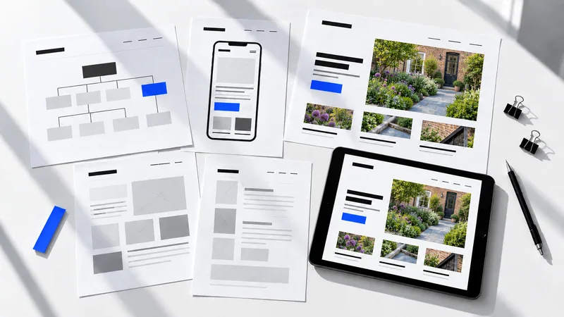 Printed page plans and wireframes beside a tablet displaying a colorful garden website concept on a white worktable.