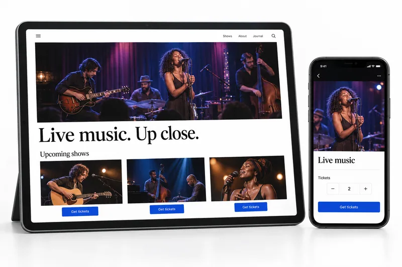 A tablet showing a colorful live-music event website beside a phone with a matching ticket-selection page.