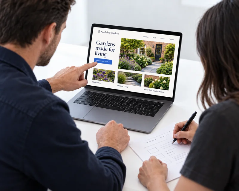 Two illustrative collaborators review a finished small-business website together on a laptop while making notes.