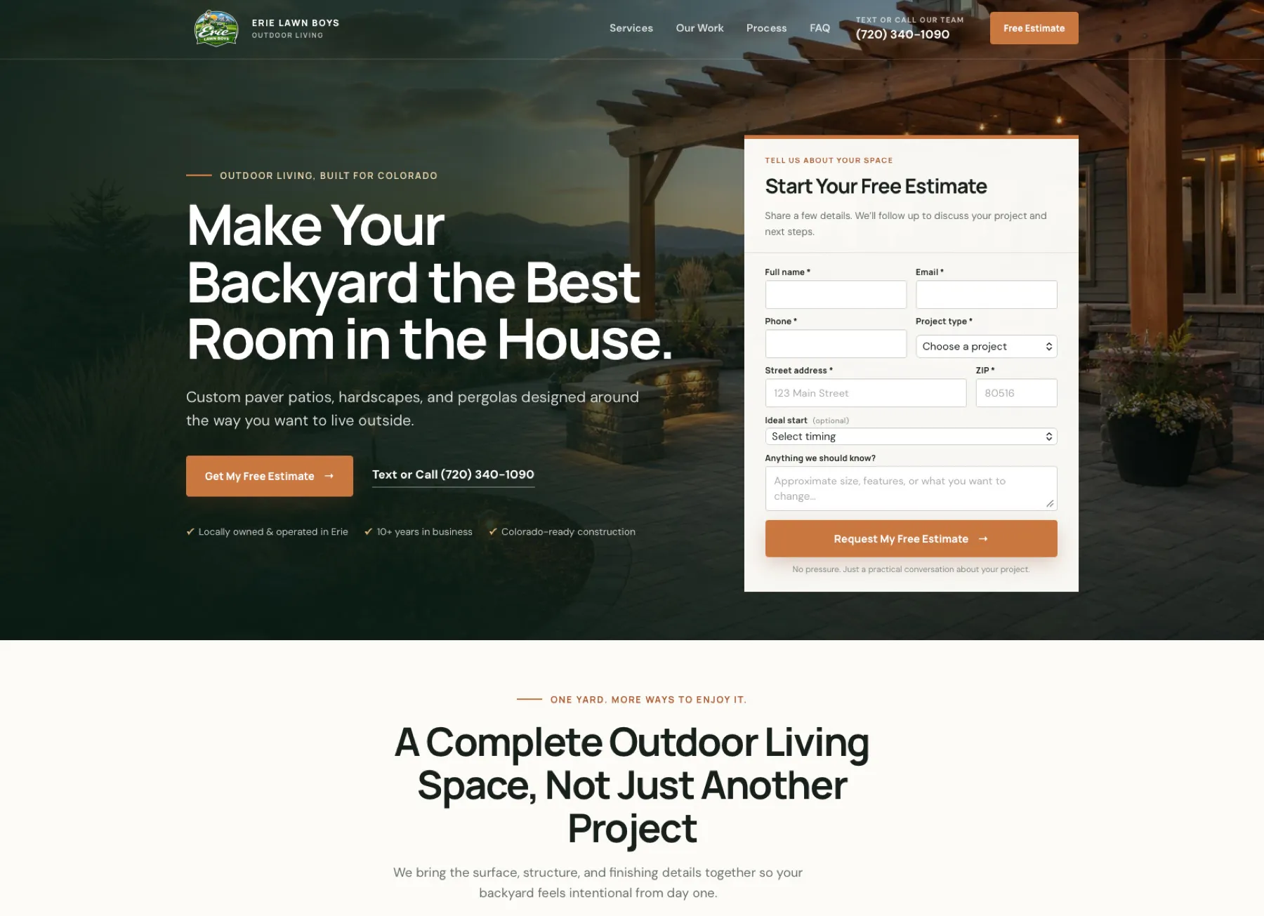 Full Erie Lawn Boys outdoor living landing page screenshot