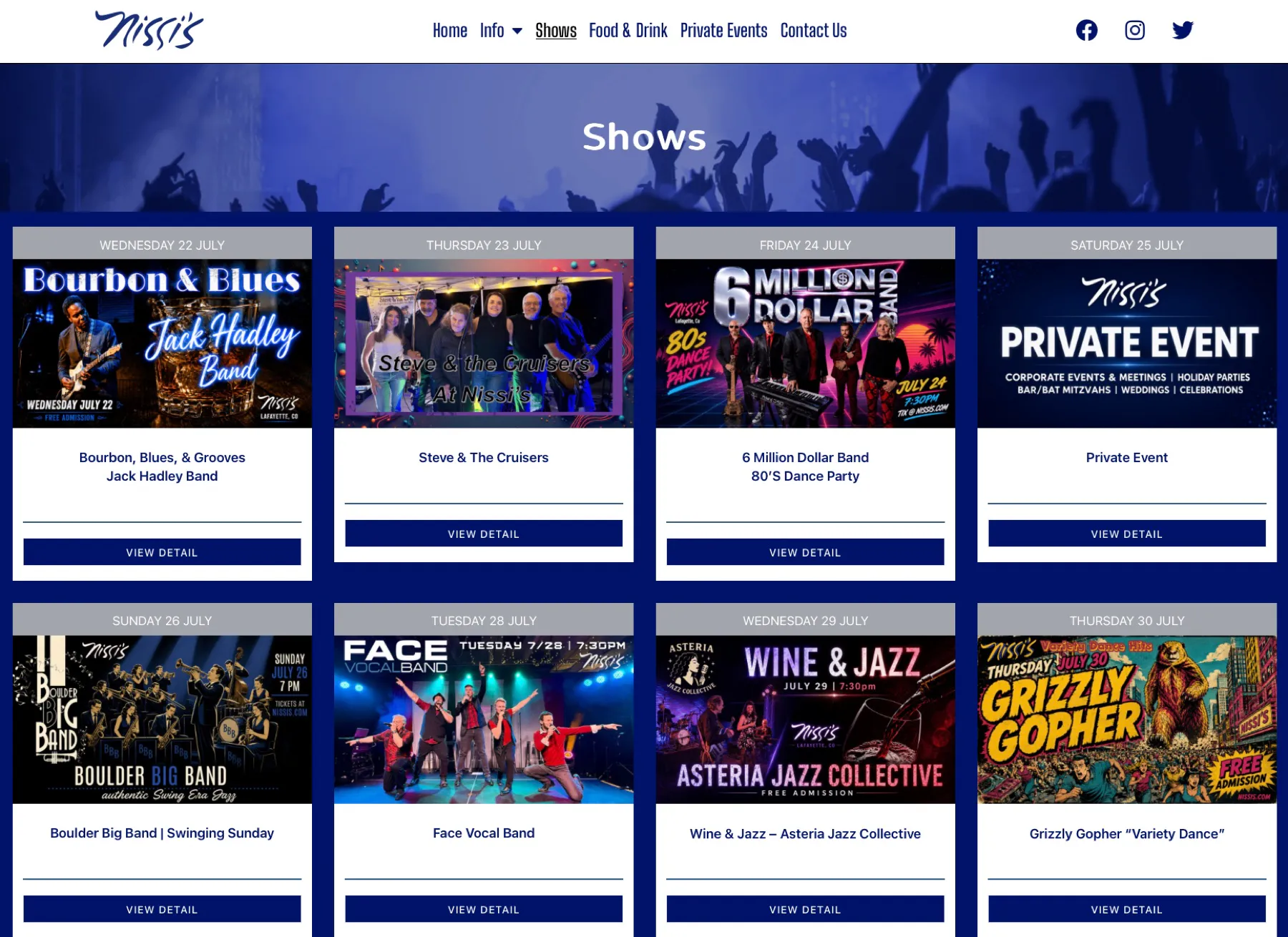 Nissi’s entertainment website showing its upcoming event calendar